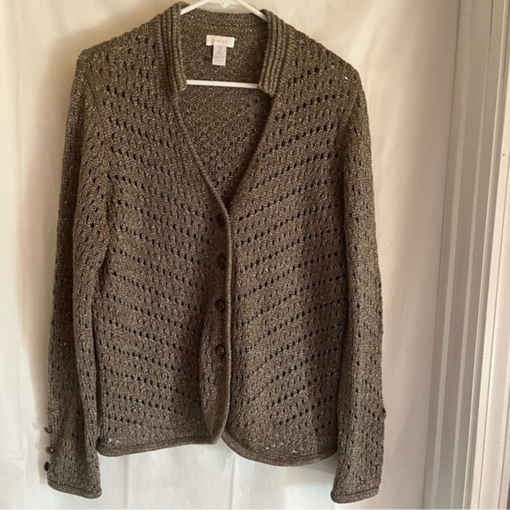 Chico’s Florence Caridigan Sweater Vanity Size 1 Gold Woven Mature Office Wear - Picture 2 of 8